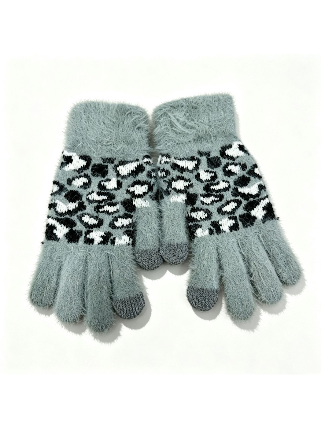 Gray-blue fuzzy leopard-print gloves with contrasting fingertip panels