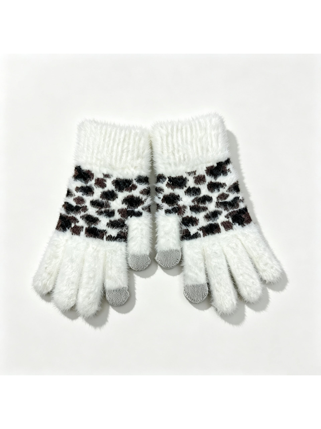 White fuzzy leopard-print gloves with gray fingertip panels