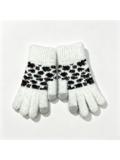 White fuzzy leopard-print gloves with gray fingertip panels