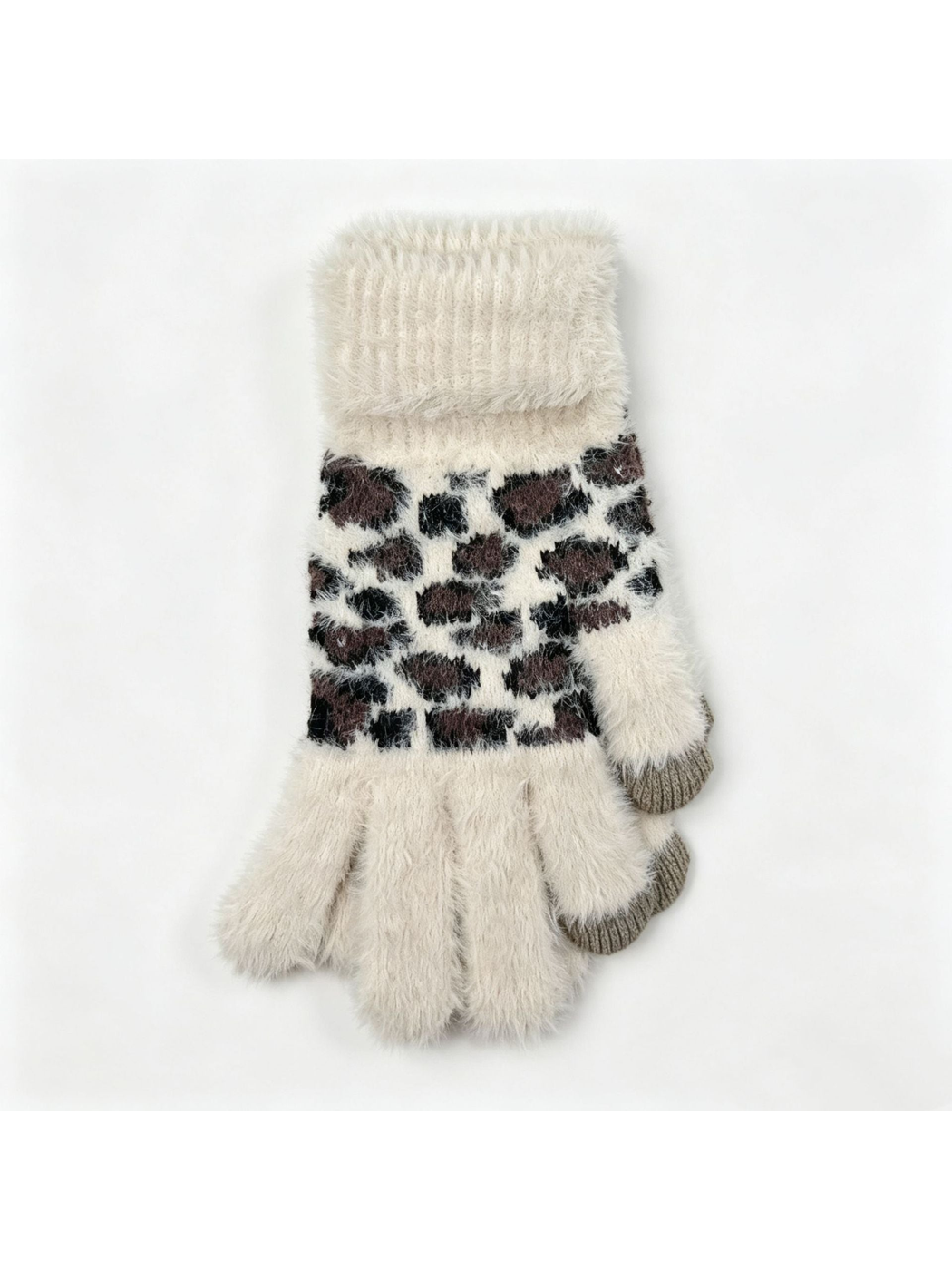 Ivory fuzzy leopard-print gloves with gray fingertip panels