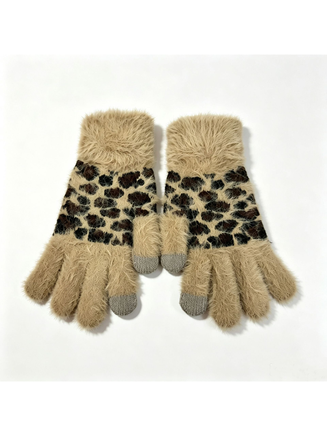 Camel fuzzy leopard-print gloves with gray fingertip panels