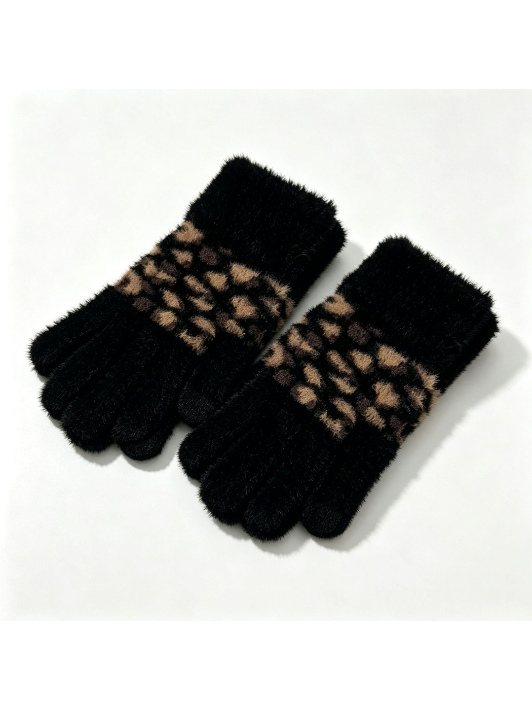 Black fuzzy leopard-print gloves with contrasting brown pattern