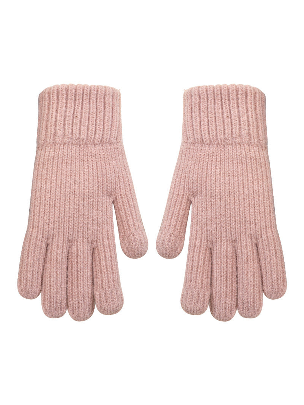 Pair of blush pink ribbed knit gloves on a white background