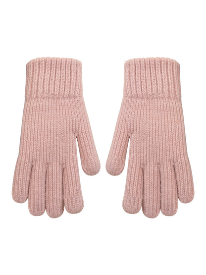 Pair of blush pink ribbed knit gloves on a white background