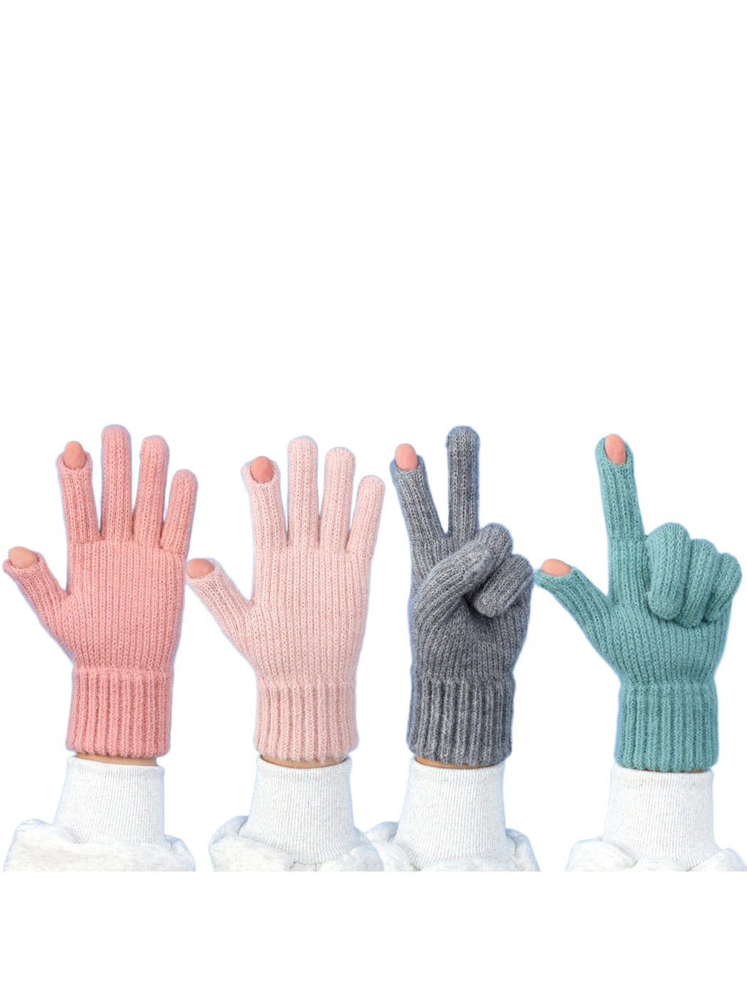 Four colors of knit gloves worn with open thumb and fingertip details