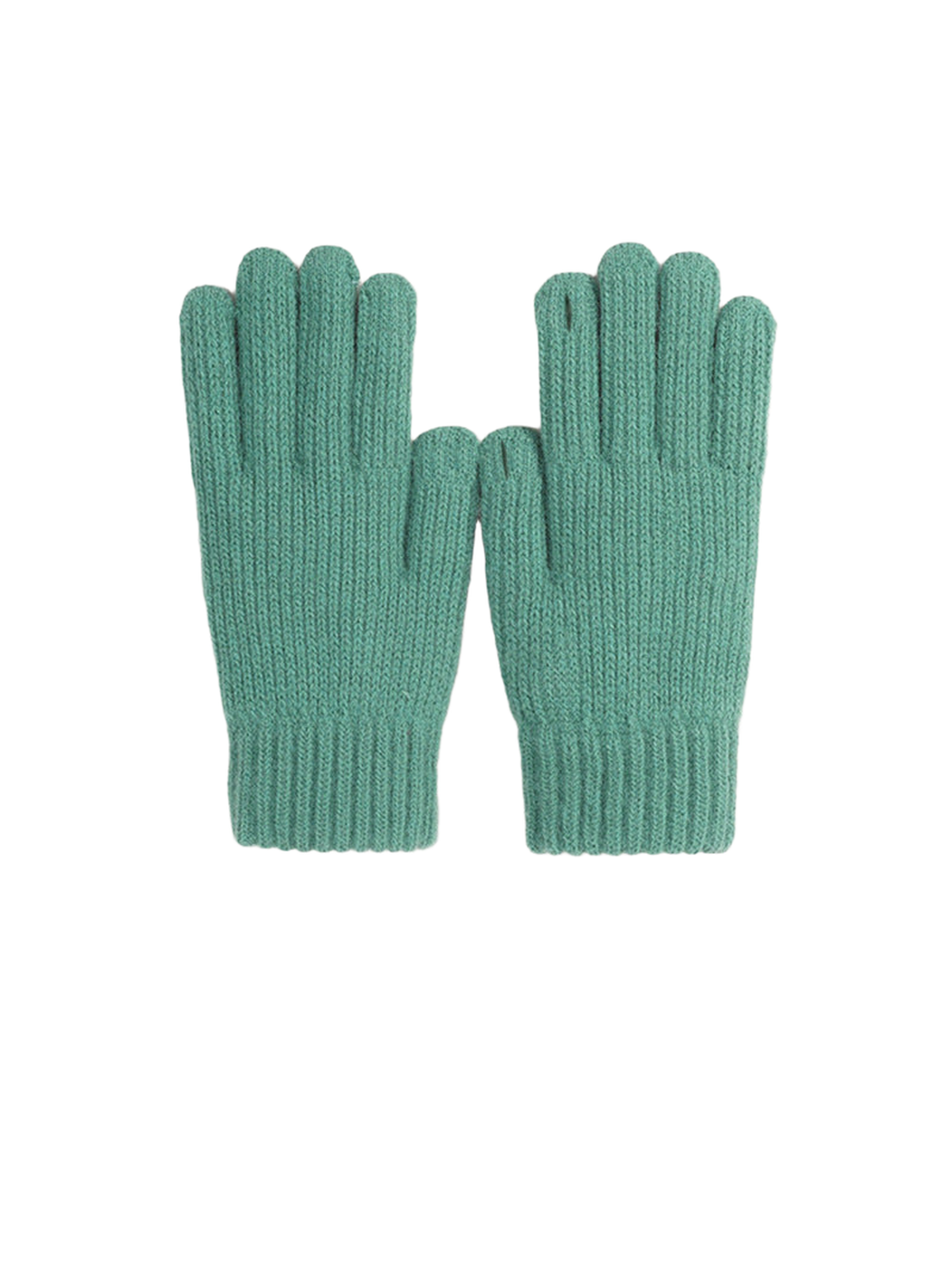 Teal ribbed knit gloves with open thumb and fingertip details