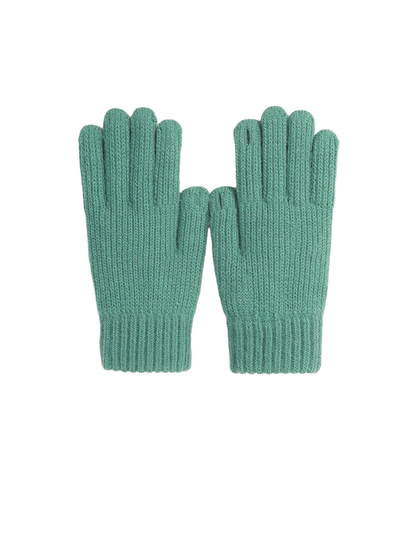 Teal ribbed knit gloves with open thumb and fingertip details