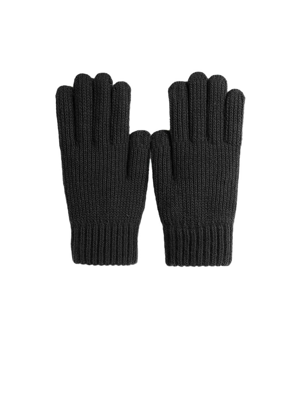 Black ribbed knit gloves with open thumb and fingertip details