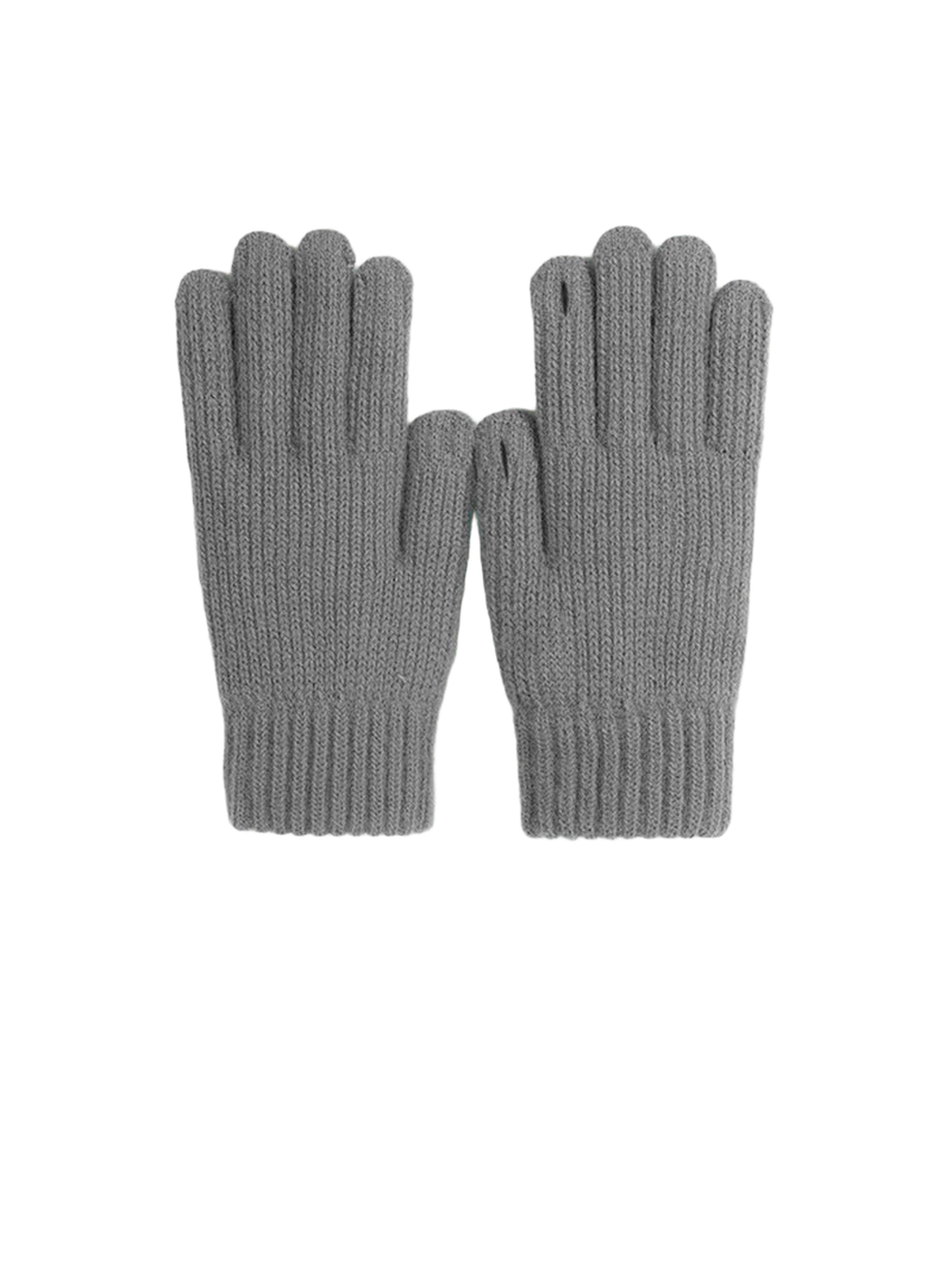 Gray ribbed knit gloves with open thumb and fingertip details