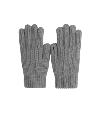 Gray ribbed knit gloves with open thumb and fingertip details