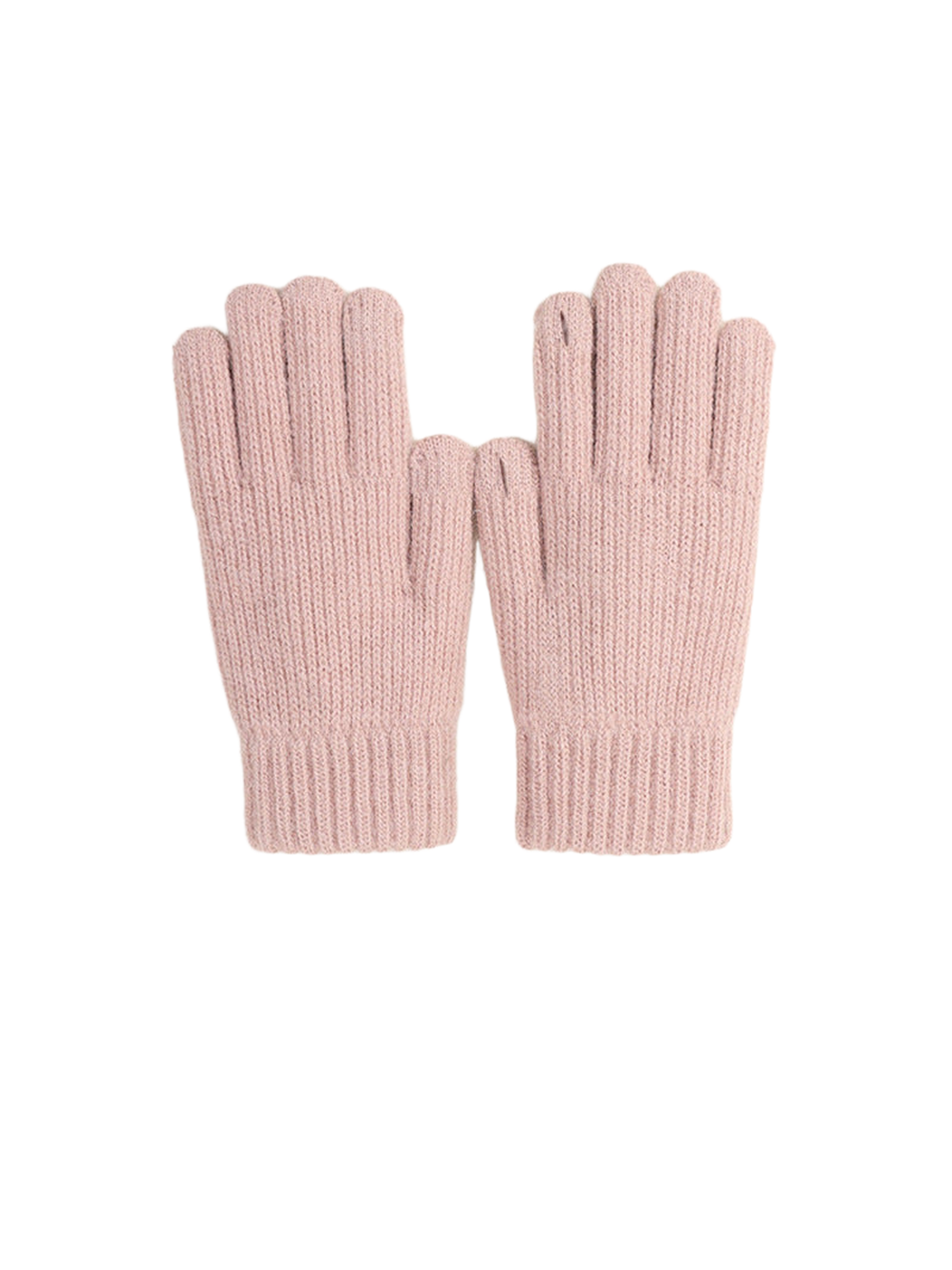 Blush pink ribbed knit gloves with open thumb and fingertip details