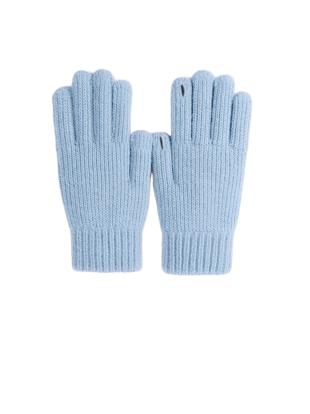 Light blue ribbed knit gloves with open thumb and fingertip details