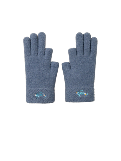 Gray-blue fuzzy gloves with folded cuffs and small embroidered accents