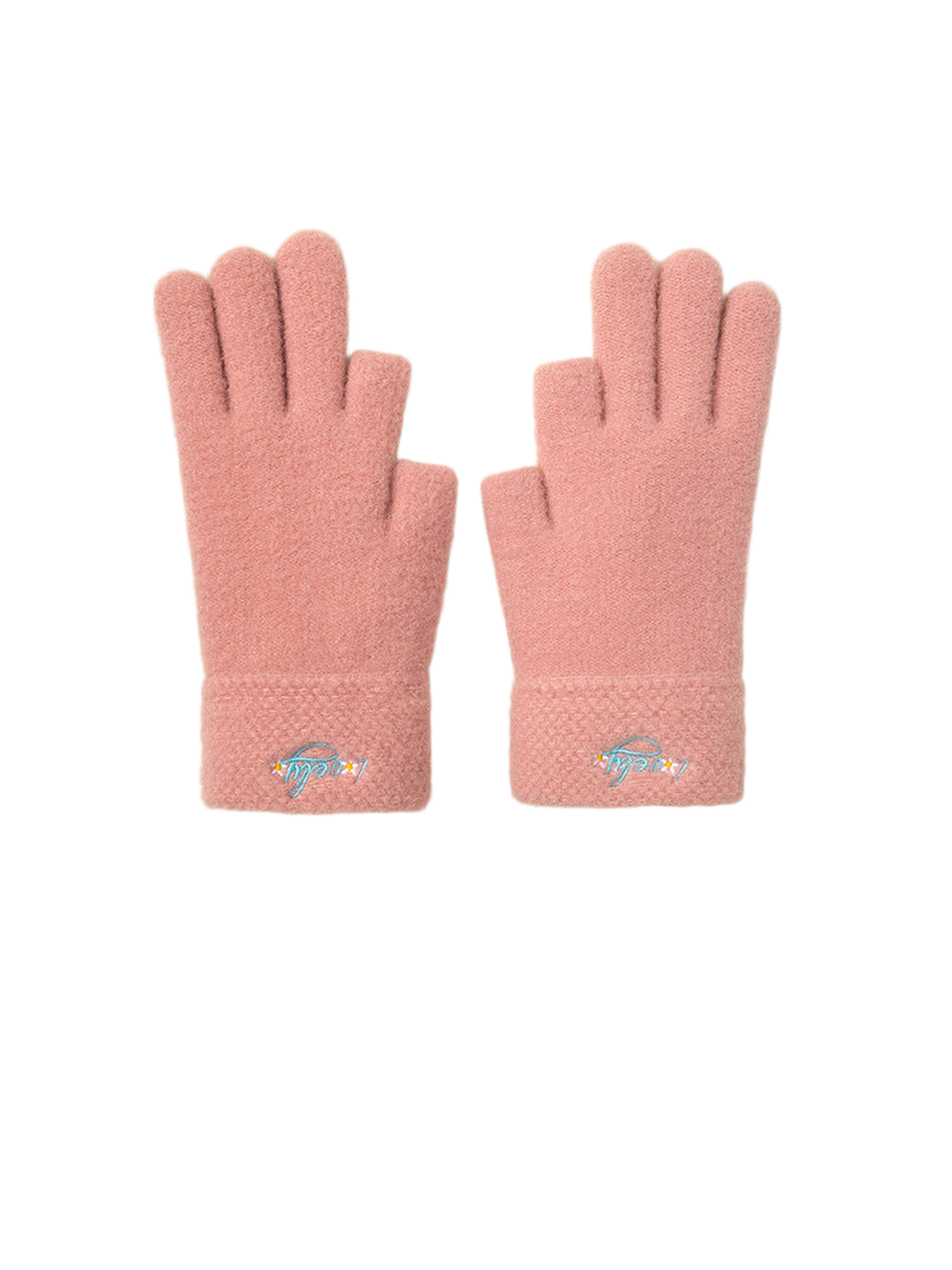 Dusty pink fuzzy gloves with folded cuffs and small embroidered accents