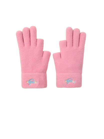 Pink fuzzy gloves with folded cuffs and small embroidered accents