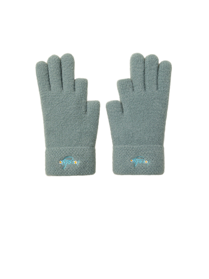 Sage green fuzzy gloves with folded cuffs and small embroidered accents