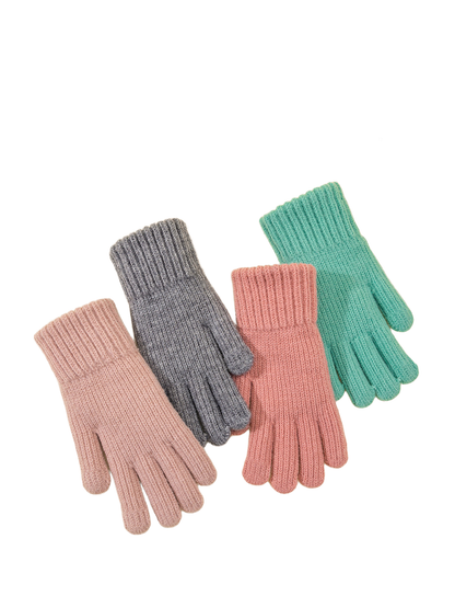 Four colors of ribbed knit gloves arranged on a cream background