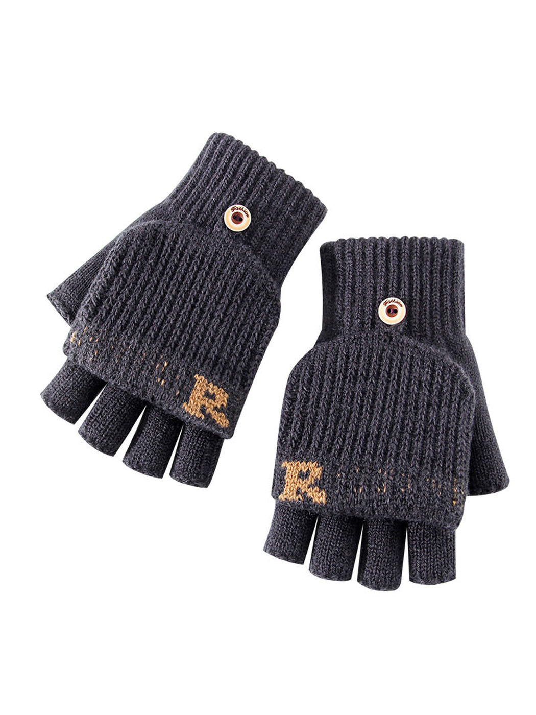 Navy convertible mittens with ribbed cuffs and buttoned finger covers