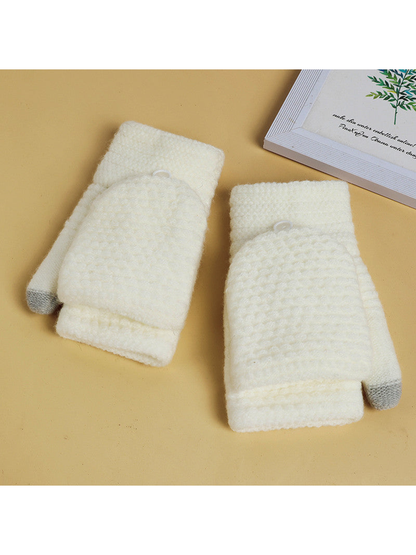 Ivory convertible mittens with gray thumb tips and textured finger covers