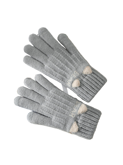 Gray gloves with ribbed cuffs and contrasting ear motifs