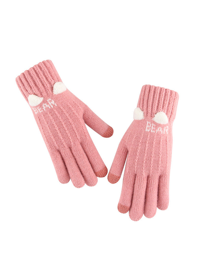 Pink five-finger gloves with ribbed cuffs and raised ear motifs
