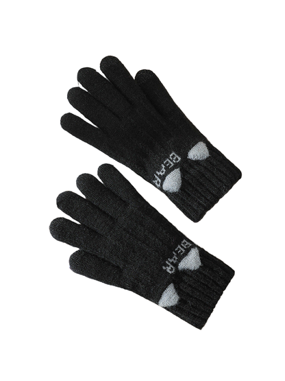 Black gloves with gray lettering and raised ear motifs