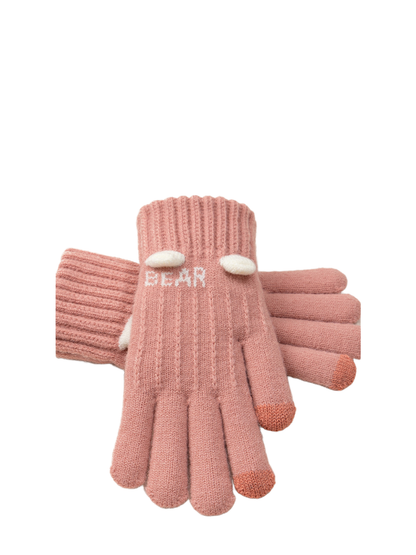 Pink gloves with ribbed cuffs, contrasting fingertips and raised ear motifs