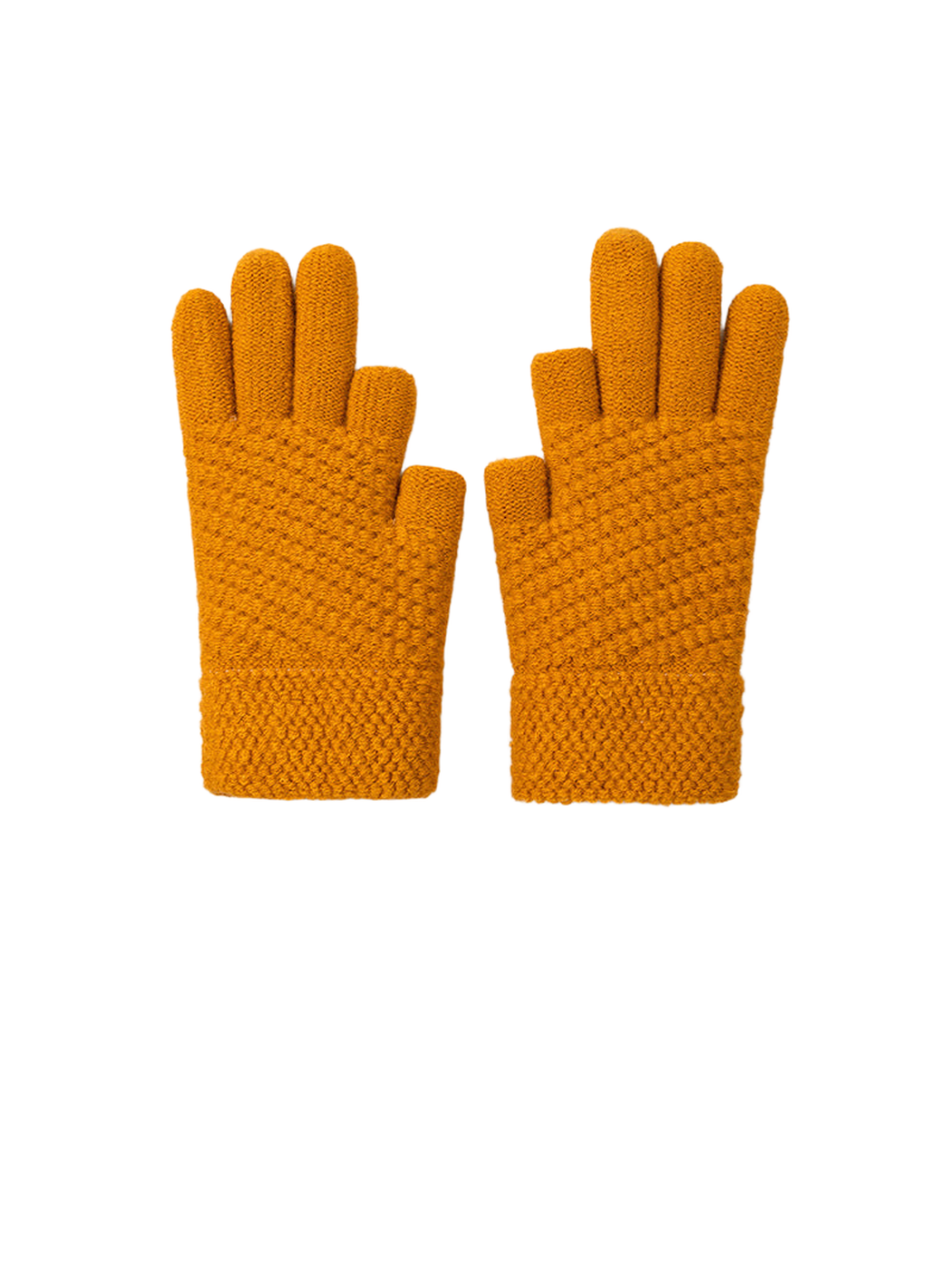Mustard textured gloves with open thumb and index fingertips, pair view