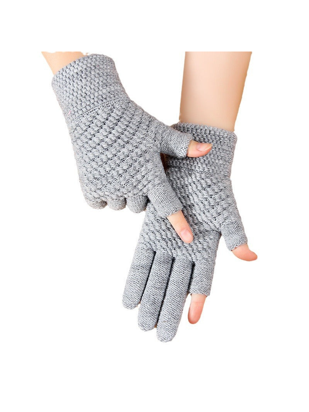 Gray open-fingertip gloves worn on both hands