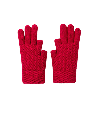 Fuchsia textured gloves with open thumb and index fingertips, pair view