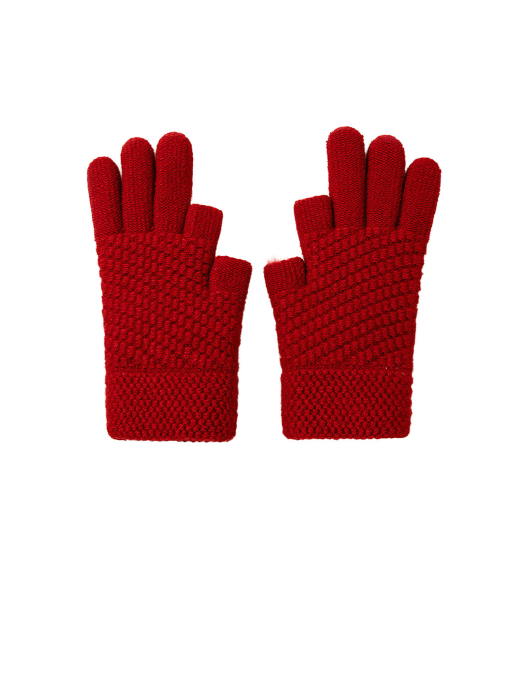 Red textured gloves with open thumb and index fingertips, pair view