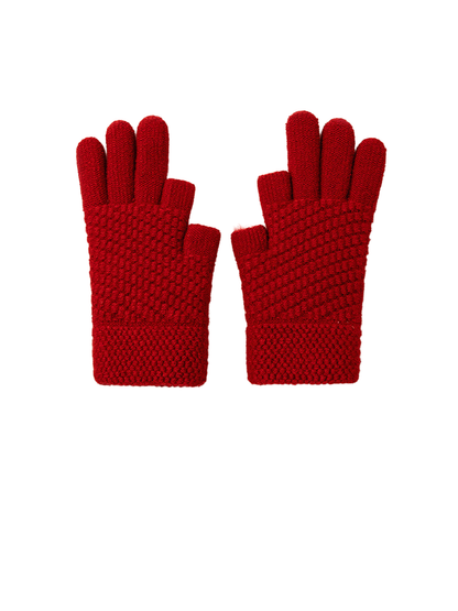 Red textured gloves with open thumb and index fingertips, pair view