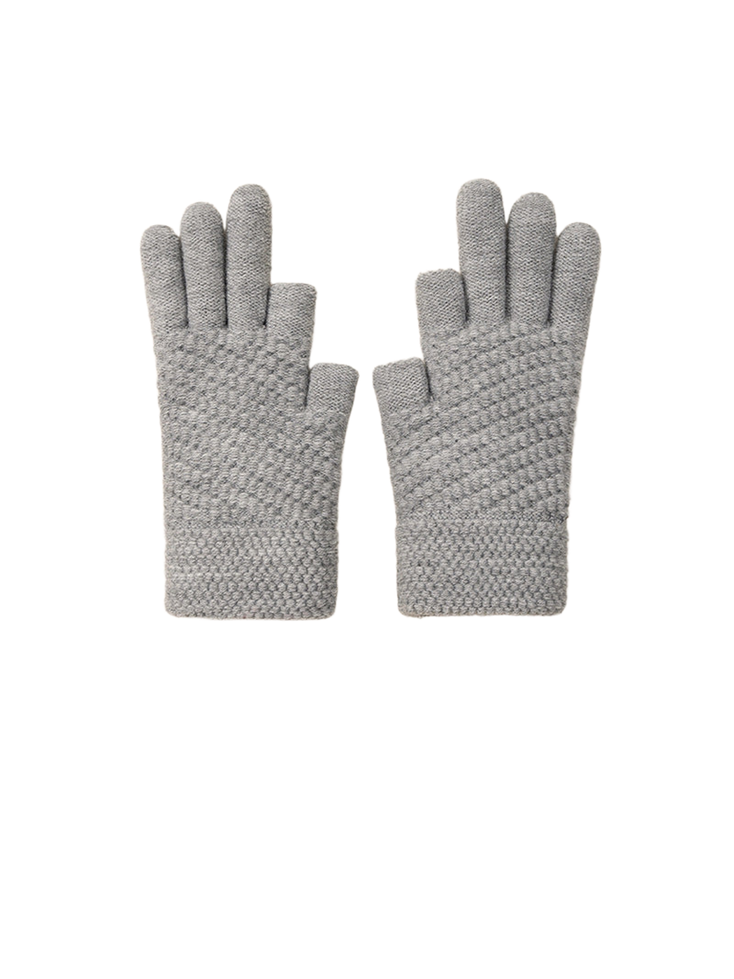 Gray textured gloves with open thumb and index fingertips, pair view