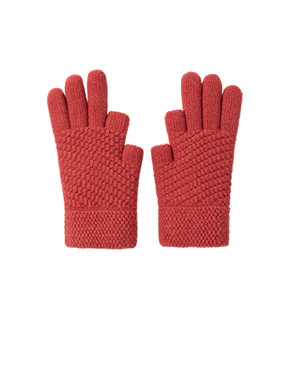 Dusty pink textured gloves with open thumb and index fingertips, pair view