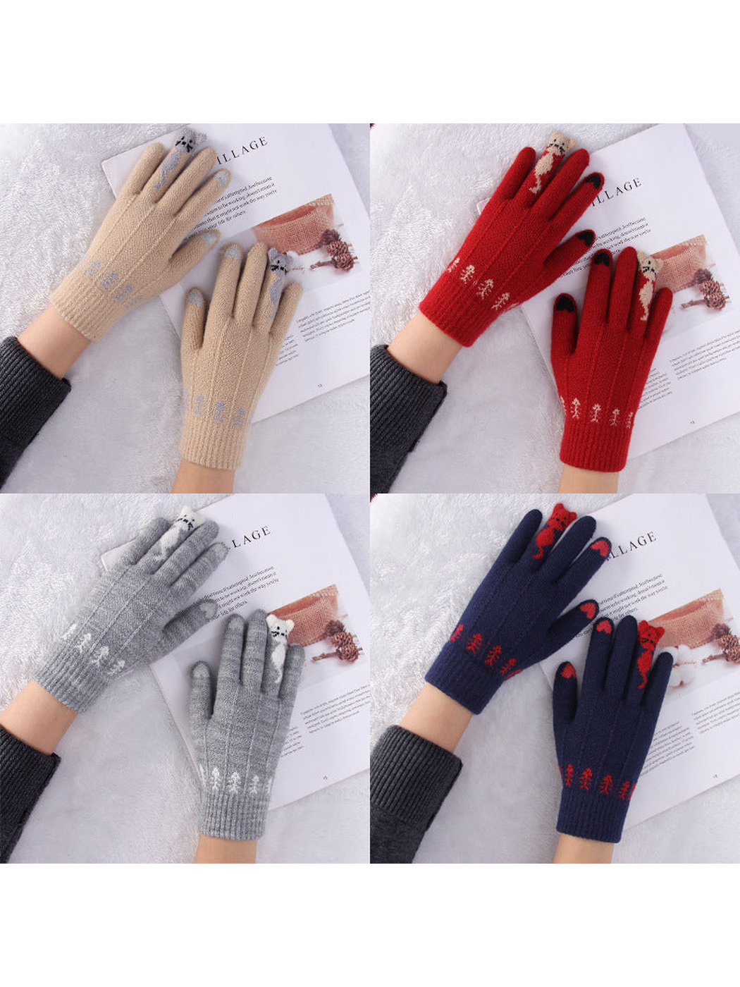 Cat motif gloves displayed in beige, red, gray and navy colorways