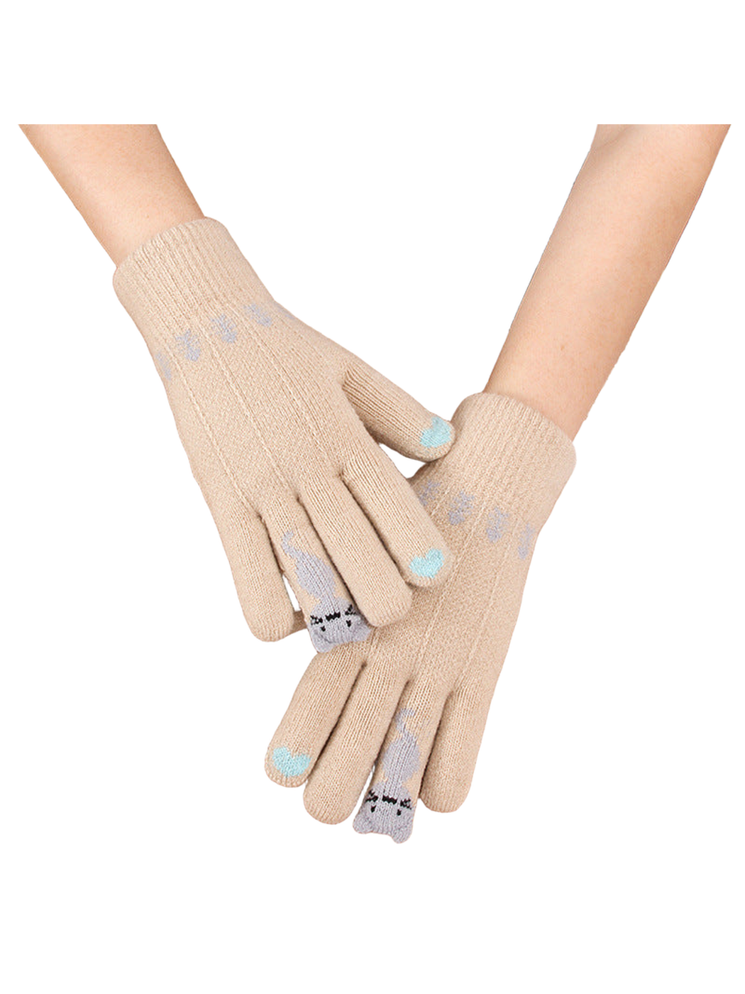 Double-layer beige cat motif gloves with pale blue fingertip accents