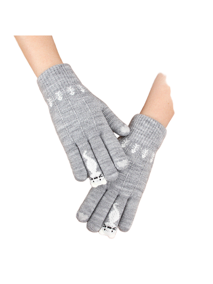 Double-layer gray cat motif gloves with contrasting fingertip accents