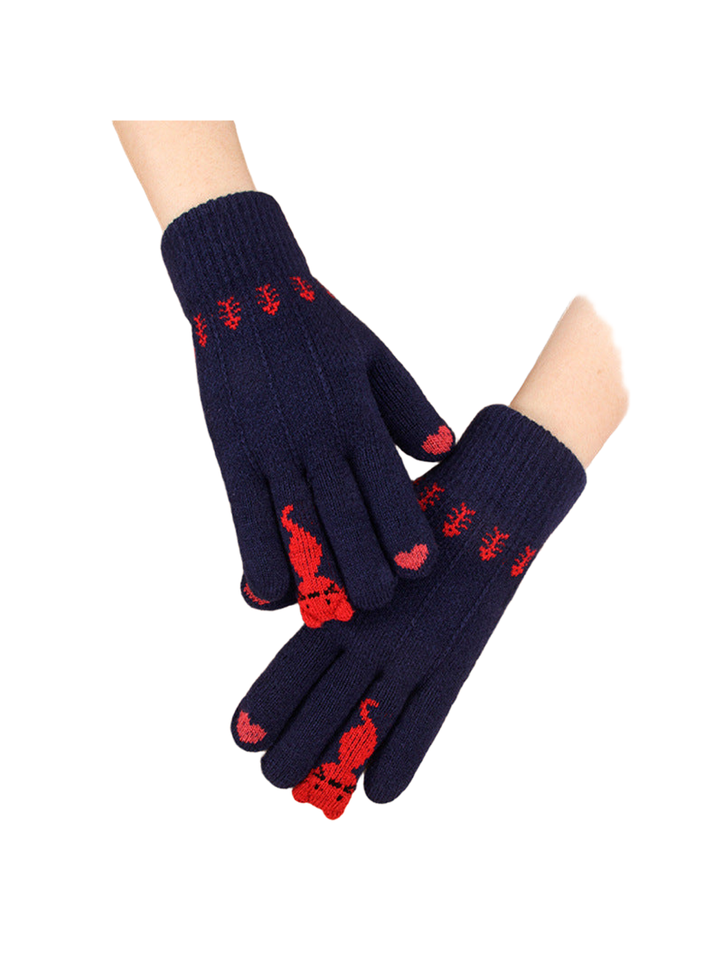 Double-layer navy cat motif gloves with red fingertip accents