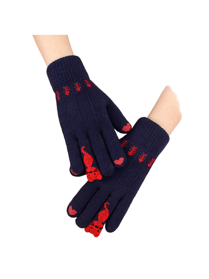 Double-layer navy cat motif gloves with red fingertip accents