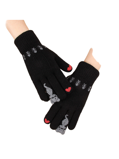 Double-layer black cat motif gloves with red fingertip accents