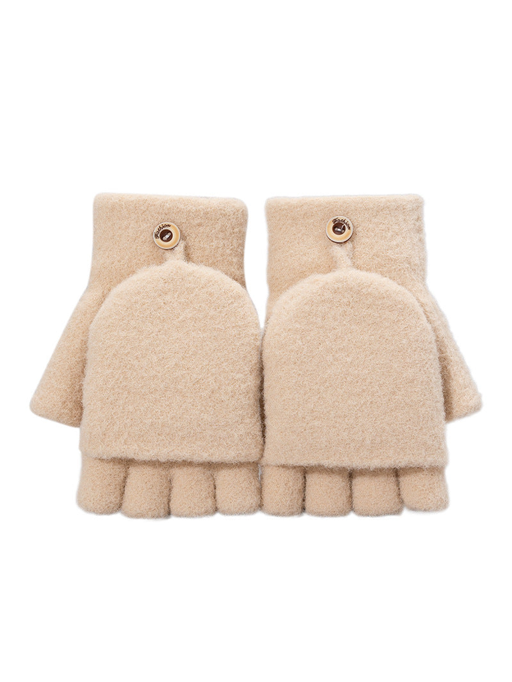 Beige convertible fingerless glove pair with mitten flaps, front view