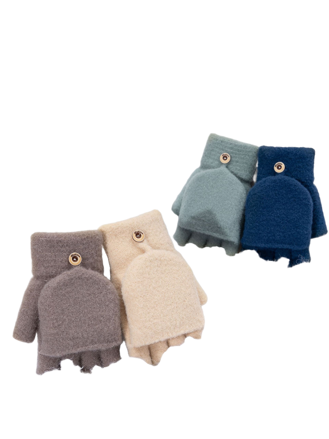 Four colors of convertible fingerless gloves displayed together