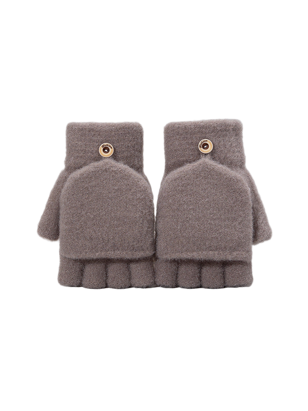 Greige convertible fingerless glove pair with mitten flaps, front view