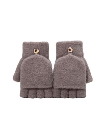 Greige convertible fingerless glove pair with mitten flaps, front view