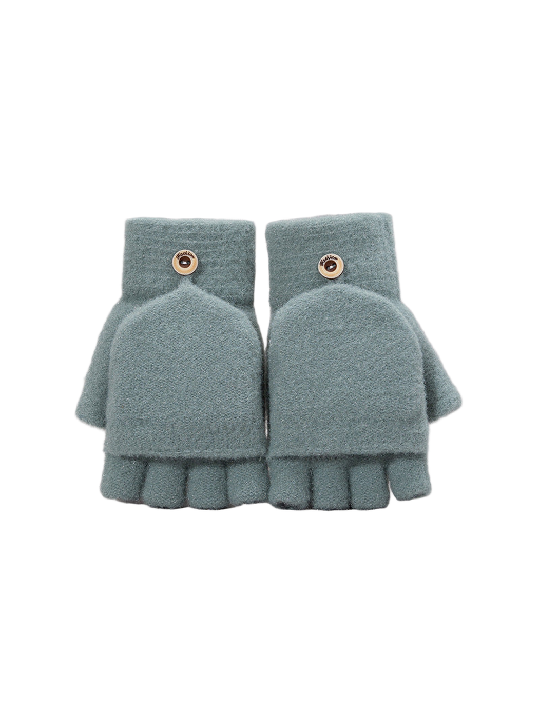 Muted blue-green convertible fingerless glove pair with mitten flaps, front view