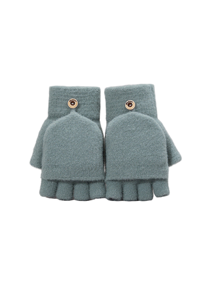 Muted blue-green convertible fingerless glove pair with mitten flaps, front view