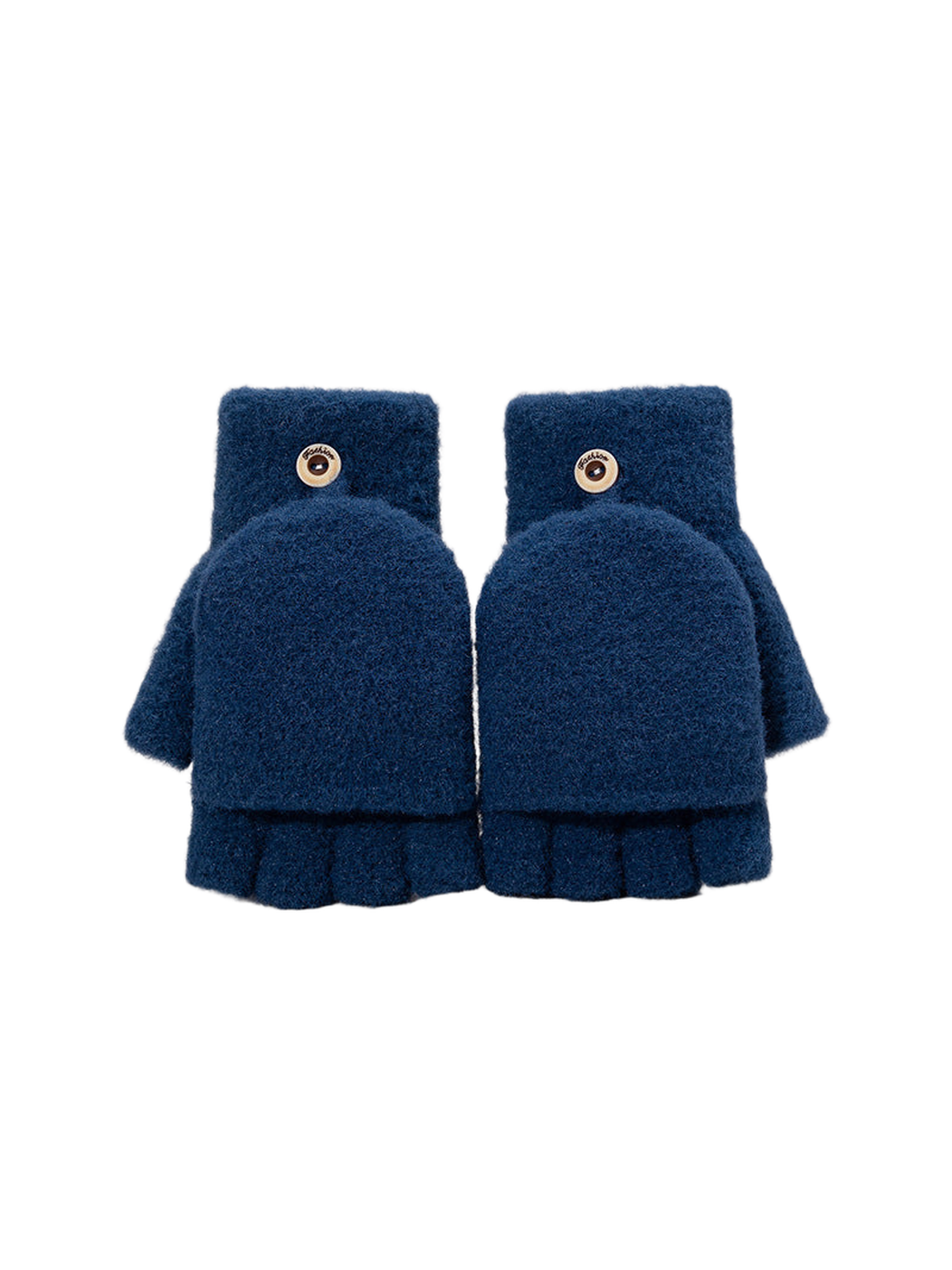 Navy convertible fingerless glove pair with mitten flaps, front view