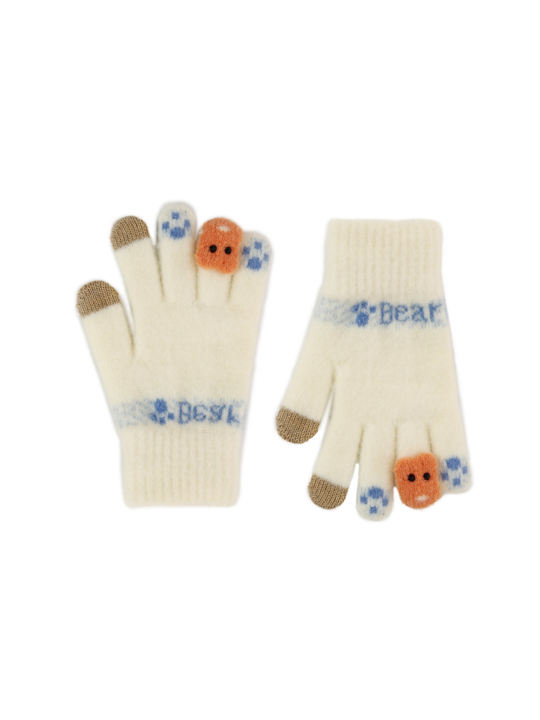 Cream five-finger gloves with bear face and blue paw-print fingertip motifs