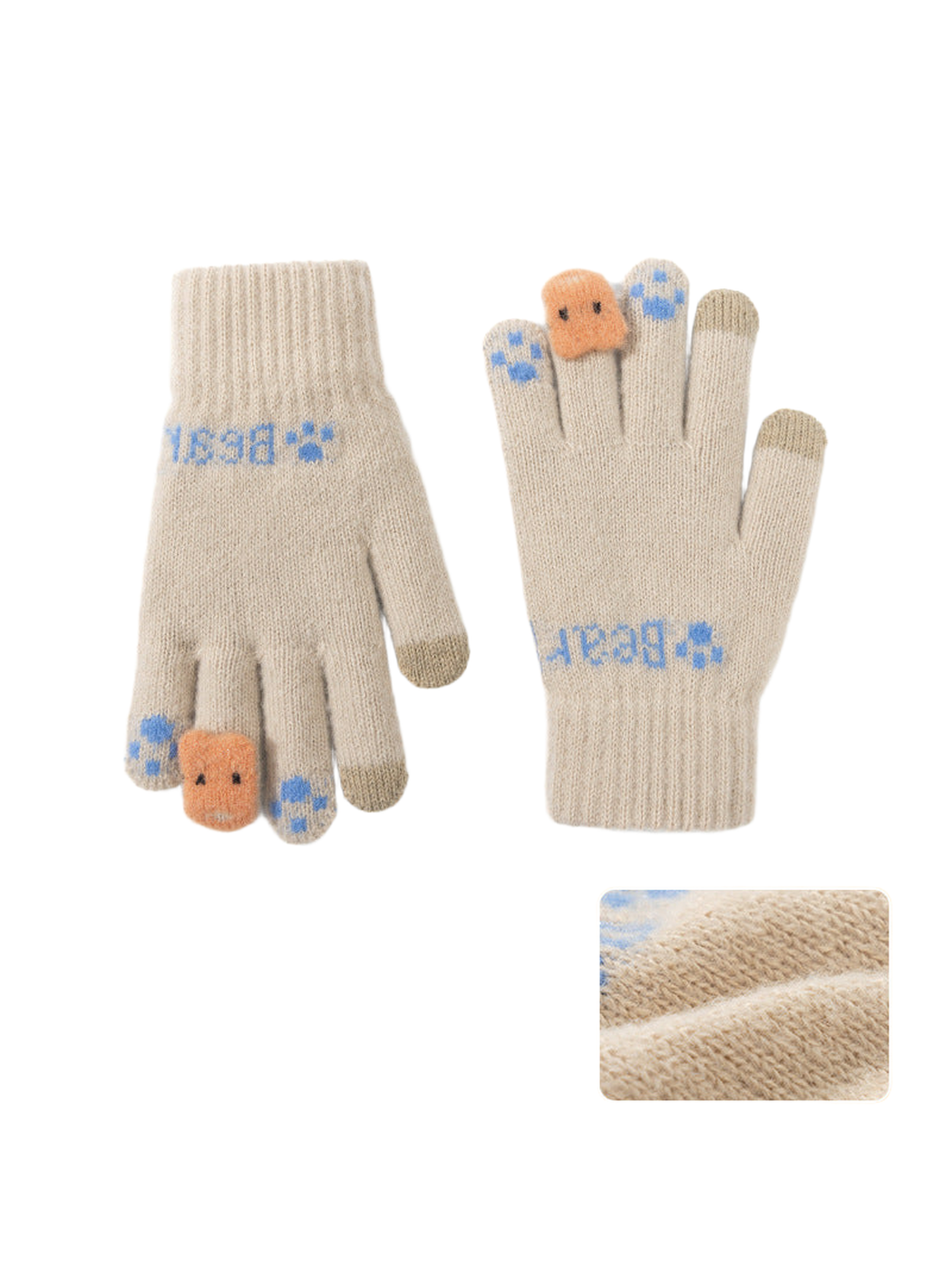 Khaki five-finger gloves with bear face and paw-print fingertip motifs