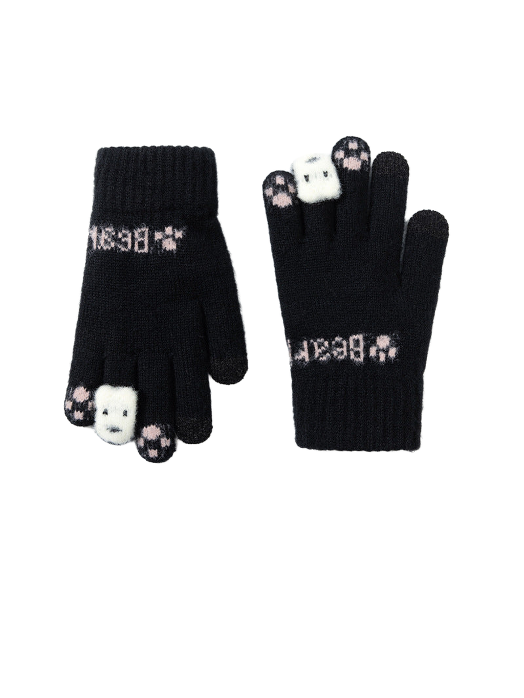 Black five-finger gloves with bear face and paw-print fingertip motifs